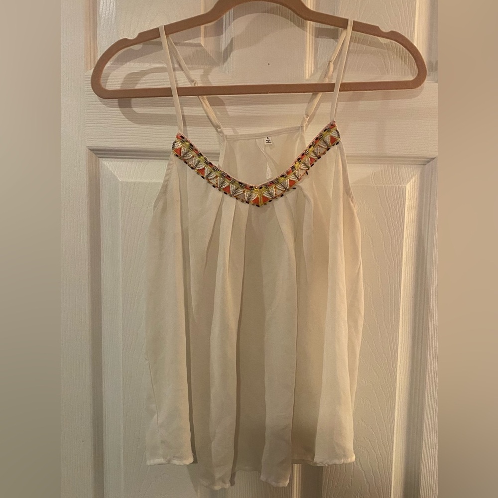 Sheer Beaded Trim Strappy Blouse
